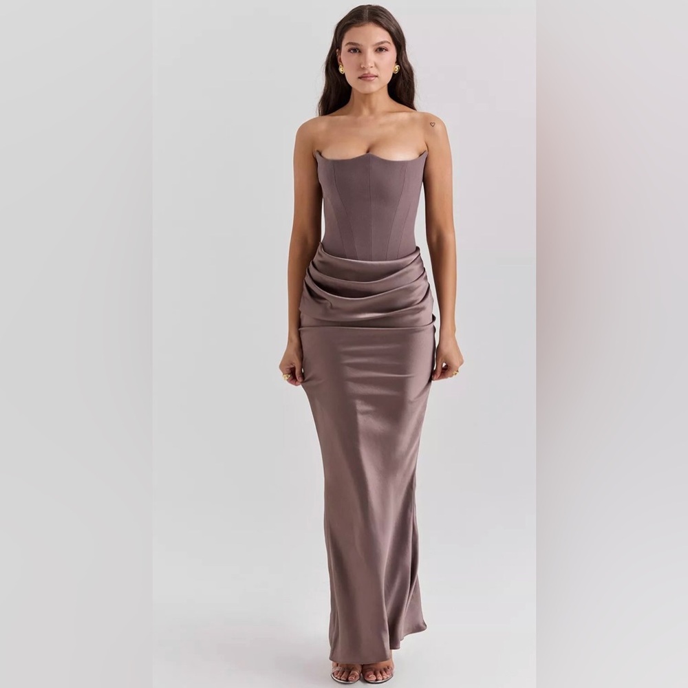 House of CB Taupe Satin Strapless Corset Maxi Dress